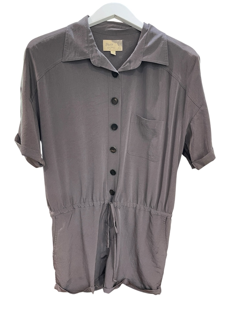 Elizabeth and James Silky Short Sleeve button front Romper SZ L Dark Grey